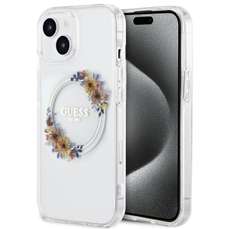 Husa de protectie pentru iPhone 15, transparent, Flowers Ring Logo Glossy MagSafe, Guess