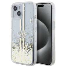 Husa de protectie pentru iPhone 15, transparent, Liquid Glitter Gold Stripe, Guess
