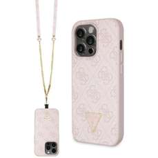 Husa de protectie pentru iPhone 15 Pro Max, roz, PU 4G Strass Triangle Metal Logo cu curea Crossbody, Guess