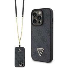 Husa de protectie pentru iPhone 15 Pro Max, negru, PU 4G Strass Triangle Metal Logo cu curea Crossbody, Guess
