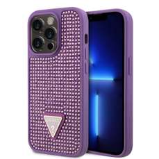 Husa de protectie pentru iPhone 15 Pro Max, mov, Rhinestones Triangle Metal Logo, Guess