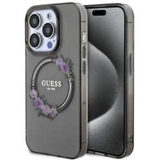 Husa de protectie pentru iPhone 15 Pro, negru, Flowers Ring Logo Glossy MagSafe, Guess