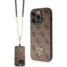 Husa de protectie pentru iPhone 15 Pro, maro, PU 4G Strass Triangle Metal Logo cu curea Crossbody, Guess