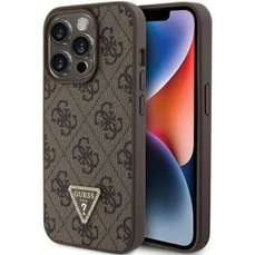 Husa de protectie pentru iPhone 15 Pro, maro, PU 4G Strass Triangle Metal Logo, Guess
