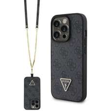 Husa de protectie pentru iPhone 15 Pro, negru, PU 4G Strass Triangle Metal Logo cu curea Crossbody, Guess