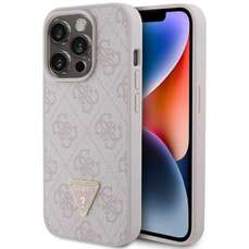 Husa de protectie pentru iPhone 15 Pro, roz, PU 4G Strass Triangle Metal Logo, Guess