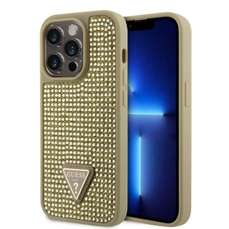 Husa de protectie pentru iPhone 15 Pro, auriu, Rhinestones Triangle Metal Logo, Guess