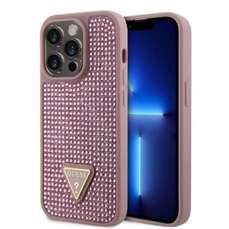 Husa de protectie pentru iPhone 15 Pro, roz, Rhinestones Triangle Metal Logo, Guess