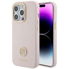 Husa de protectie pentru iPhone 15 Pro, roz, Liquid Silicone 4G Strass Metal Logo, Guess