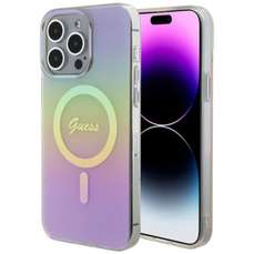 Husa de protectie pentru iPhone 15 Pro, roz, Iridescent Script MagSafe, Guess