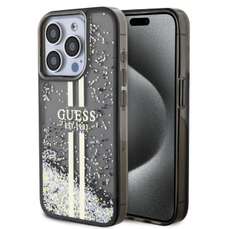 Husa de protectie pentru iPhone 15 Pro, negru, Liquid Glitter Gold Stripe, Guess
