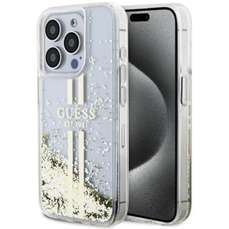 Husa de protectie pentru iPhone 15 Pro, transparent, Liquid Glitter Gold Stripe, Guess