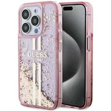 Husa de protectie pentru iPhone 15 Pro, roz, Liquid Glitter Gold Stripe, Guess