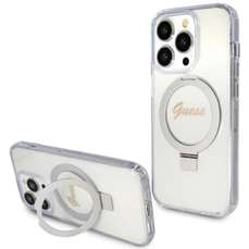 Husa de protectie pentru iPhone 15 Pro, transparent, Ring Stand Glitter MagSafe, Guess