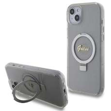 Husa de protectie pentru iPhone 15 Plus, transparent, Ring Stand Glitter MagSafe, Guess