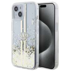 Husa de protectie pentru iPhone 15 Plus, transparent, Liquid Glitter Gold Stripe, Guess