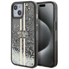 Husa de protectie pentru iPhone 15 Plus, negru, Liquid Glitter Gold Stripe, Guess