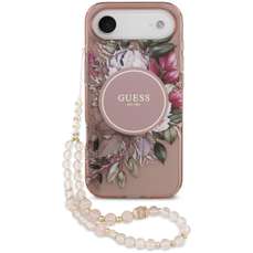 Husa de protectie pentru iPhone Air, roz, Flowers Strap MagSafe, Guess