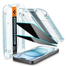Folie sticla cu kit de montare Glass tR EZ Fit Privacy iPhone 15, 2buc/set, Spigen