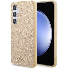Husa de protectie pentru Samsung Galaxy S24, auriu, TPU Glitter Flakes Metal Logo, Guess