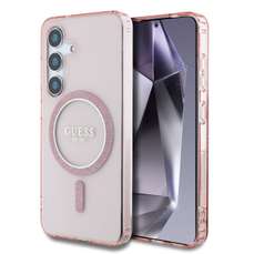 Husa de protectie pentru Samsung Galaxy S25, roz, Glitter Circle Classic Logo MagSafe, Guess