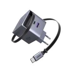 Incarcator de retea, 45W, GaN Fast Charger, USB-C, USB-A, cablu retractabil incorporat, gri, Ugreen
