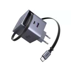 Incarcator de retea, 65W, GaN Fast Charger, USB-A, USB-C, cablu retractabil incorporat, gri, Ugreen