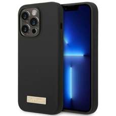 Husa de protectie pentru iPhone 14 Pro Max, Silicon Metal Logo MagSafe, Guess, GUHMP14XSBPLK