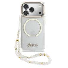 Husa de protectie pentru iPhone 17 Pro, Glitters Script Strap MagSafe, transparent, Guess