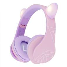 Casti pentru copii on-ear cu microfon, fara fir, P2 Kids Cat Ears, Purple/Pink, PowerLocus
