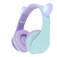 Casti pentru copii on-ear cu microfon, fara fir, P2 Kids Cat Ears, Purple/Teal, PowerLocus