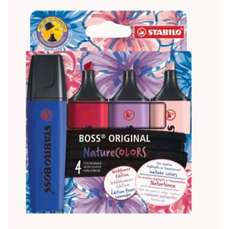Textmarker 4 culori/set (albastru, bordo, violet-gri, roz pudrat), etui caton, NatureCOLORS Wildflowers Stabilo Boss SW70411035