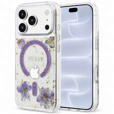 Husa de protectie pentru iPhone 18 Pro / 17 Pro, mov, Resin Flowers and Glitter MagSafe, Guess