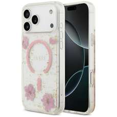 Husa de protectie pentru iPhone 18 Pro / 17 Pro, roz, Resin Flowers and Glitter MagSafe, Guess