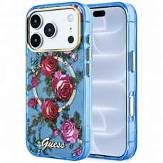 Husa de protectie pentru iPhone 18 Pro / 17 Pro, light blue, Glitter Blossom Roses MagSafe, Guess