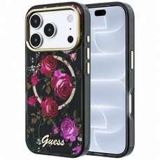 Husa de protectie pentru iPhone 18 Pro / 17 Pro, negru, Glitter Blossom Roses MagSafe, Guess