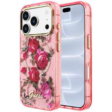 Husa de protectie pentru iPhone 18 Pro / 17 Pro, roz, Glitter Blossom Roses MagSafe, Guess