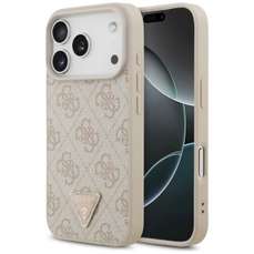 Husa de protectie pentru iPhone 18 Pro / 17 Pro, roz, Leather 4G Triangle Strass MagSafe, Guess