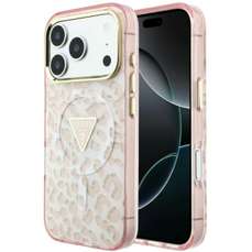 Husa de protectie pentru iPhone 18 Pro / 17 Pro, roz, Leopard Glitter Triangle Logo MagSafe, Guess