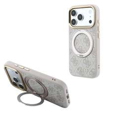 Husa de protectie pentru iPhone 18 Pro / 17 Pro, roz, Ring Stand 360 4G Leather Classic Logo MagSafe, Guess