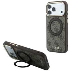 Husa de protectie pentru iPhone 18 Pro / 17 Pro, maro, Ring Stand 360 4G Leather Classic Logo MagSafe, Guess