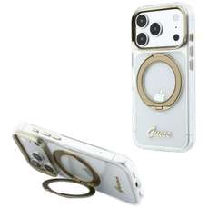 Husa de protectie pentru iPhone 18 Pro / 17 Pro, transparent, Ring Stand Script Metal Logo MagSafe, Guess