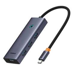 Hub USB-C cu 4xUSB 3.0, USB-C, 100W, gri, UltraJoy 5 in 1 Baseus